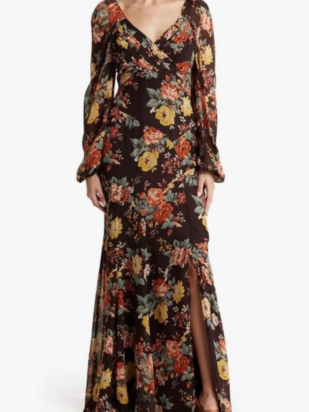 Veronica Beard Floral V-Neck Long Sleeve Maxi Dress in Brown